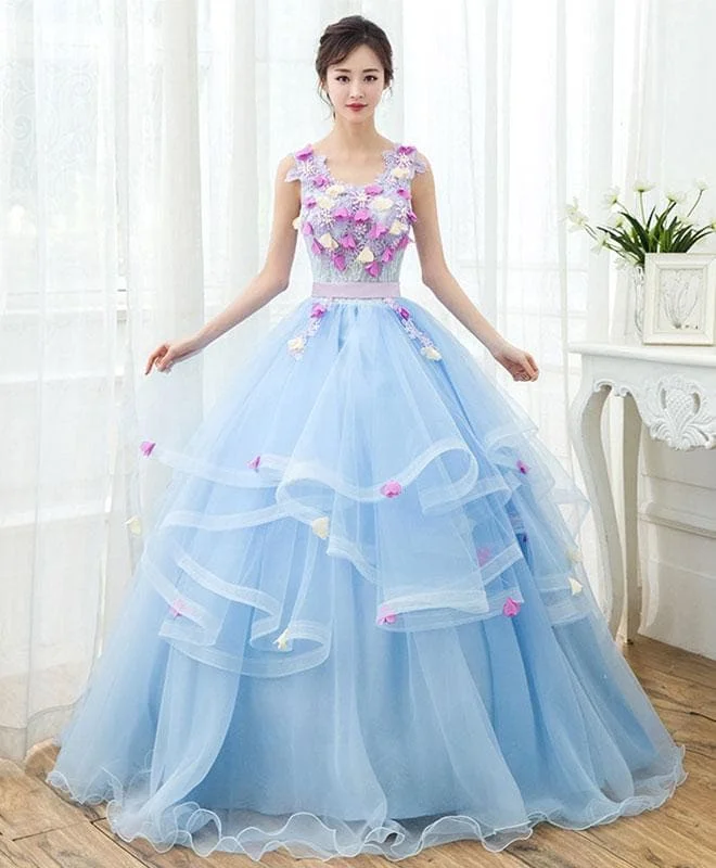 Sky Blue V Neck Tulle Long Prom Gown, Formal Dress
