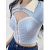 Cutout Polo Neck Ribbed Crop Top