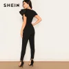 SHEIN Black Layered Flutter Sleeve V-Neck Slim Fitted Jumpsuit Spring Mid Waist Casual Highstreet Women Solid Skinny Jumpsuits