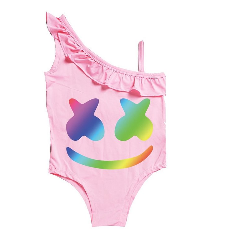 Mayoulove Girls Dj Marshmello Print One Piece Ruffle Shoulder Swimsuit-Mayoulove