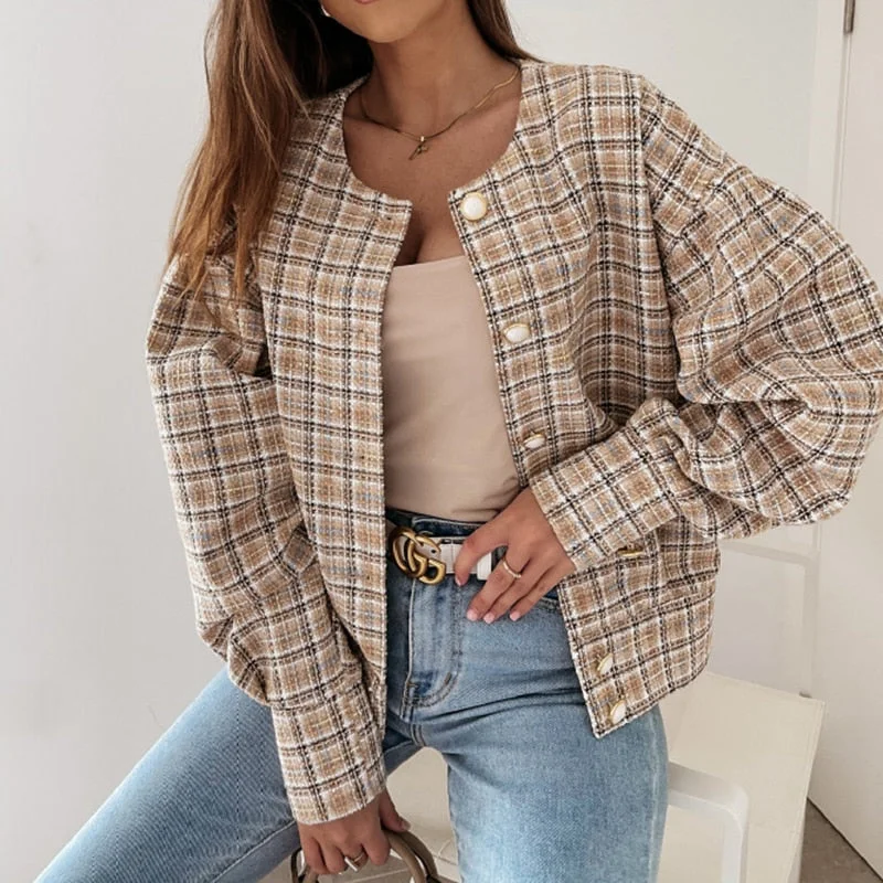 2022 Spring Women Buttons Cardigan coat Elegant casual Short Jacket Casual o neck Long Sleeve coat office Lady plaid print Coats