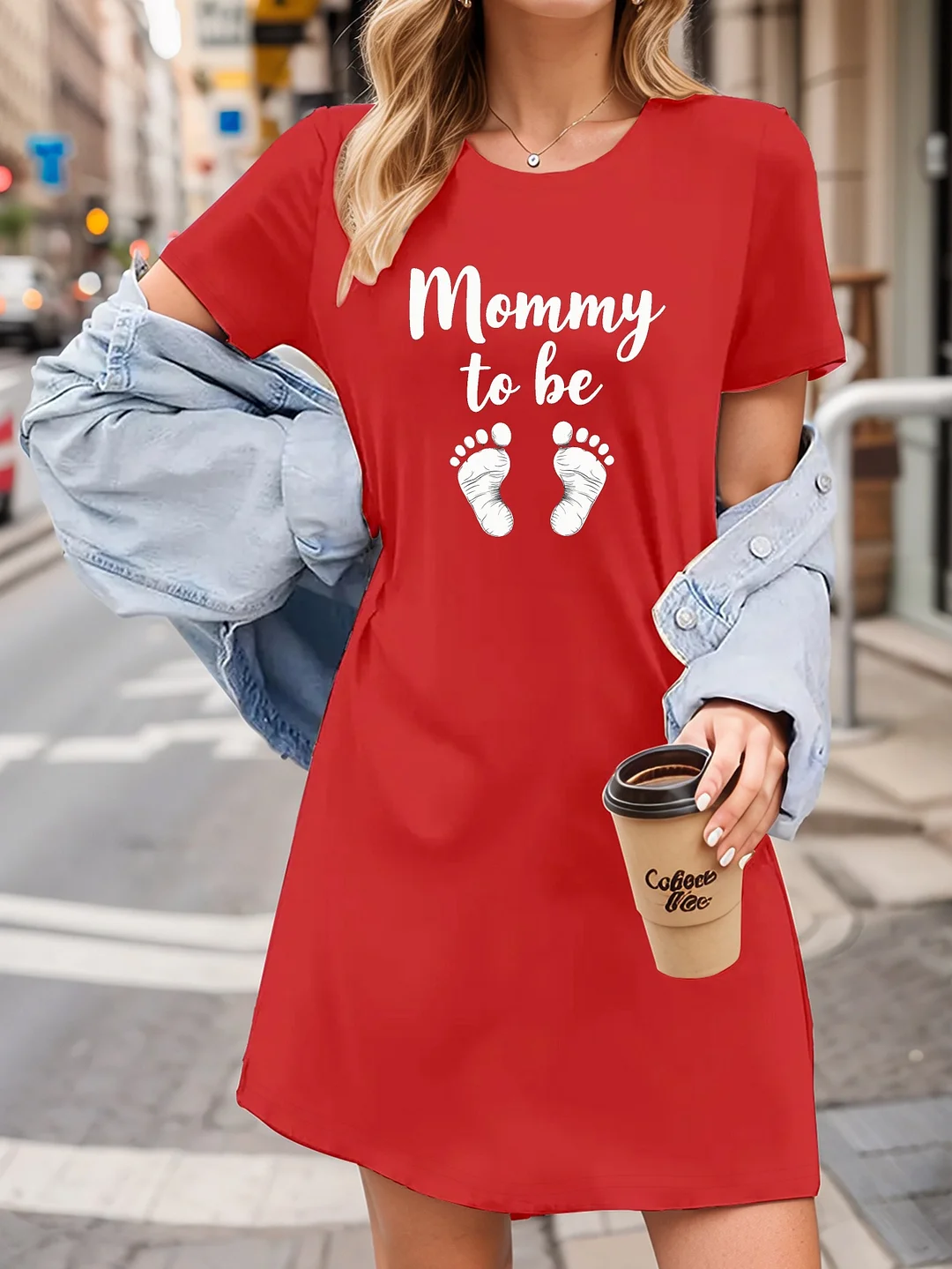 Mommy To Be Footprint Design Women's T-Shirt Dress - Red Casual Crew Neck, All-Season, Polyester, Short Sleeve, Knit Fabric, Maternity Wear | Playful Print | Easycare Materia | IFYHOME