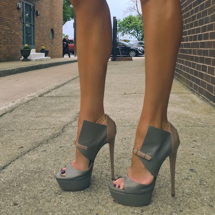 Grey and Tan Sexy Heel Peep Toe Platform High Heel Shoes |FSJ Shoes