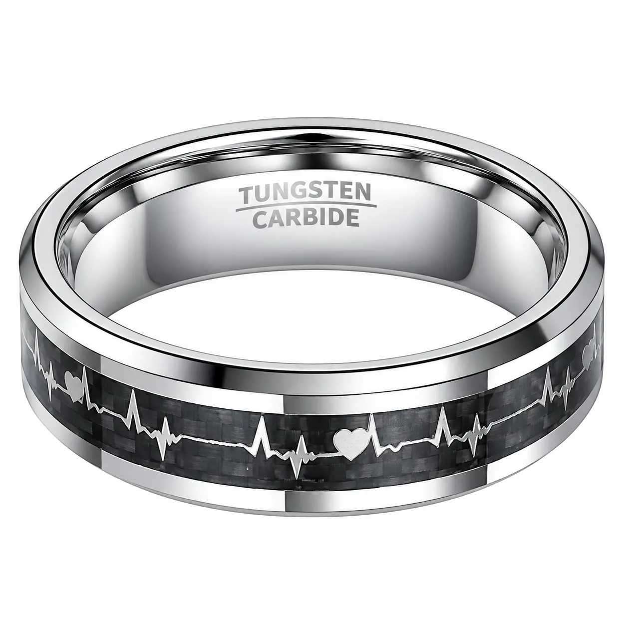  Tungsten EKG Heartbeat with Inlay Heart Life-line on Black Carbon Fiber Rings