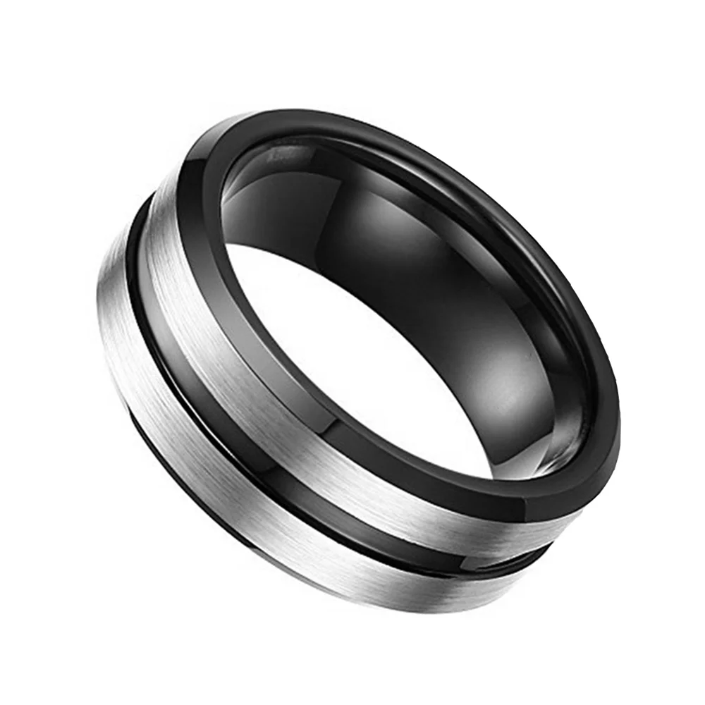 8MM Silver Brushed Beveled Edges Black Tungsten Grooved Rings