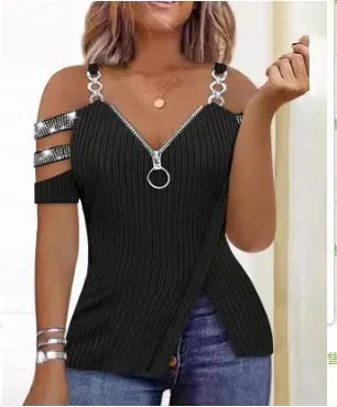 Wongn Wongn Hot Drill V Collar Off-The-Shoulder Metal Sling Zip Shoulder Sleeve Vest T-Shirt Pit Strip Small Shirt Woman