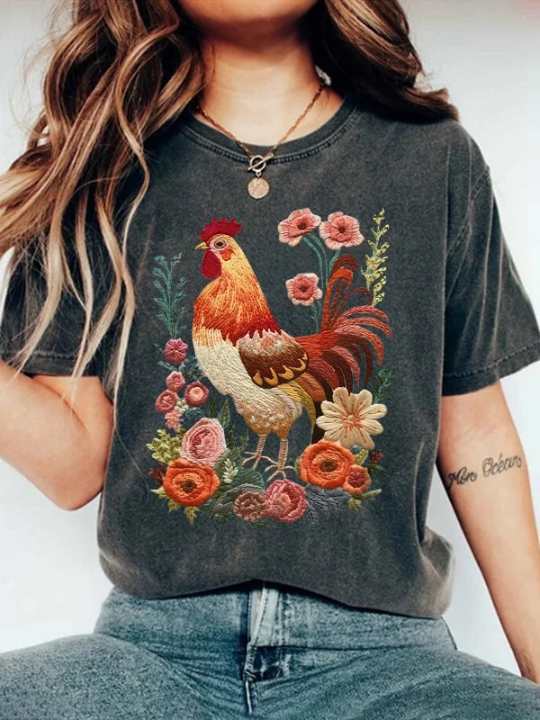Women's Funny Chickens Embroidery Printing Shirt Animal T-Shirt Floral Graphic Tees