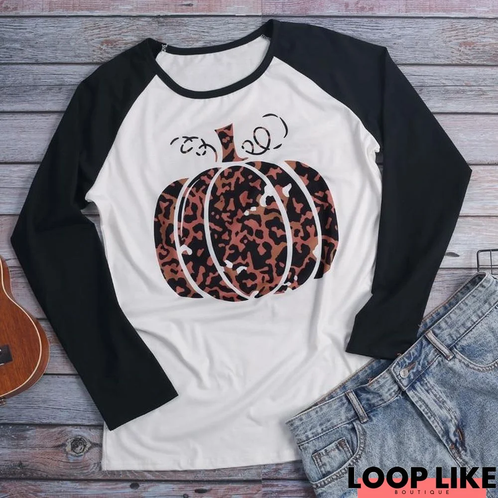 Halloween Women T-Shirt Pumpkin Leopard Printed Baseball T-Shirt 3/4 Sleeve Female Cute T Shirt Casual Ladies Tops Tee