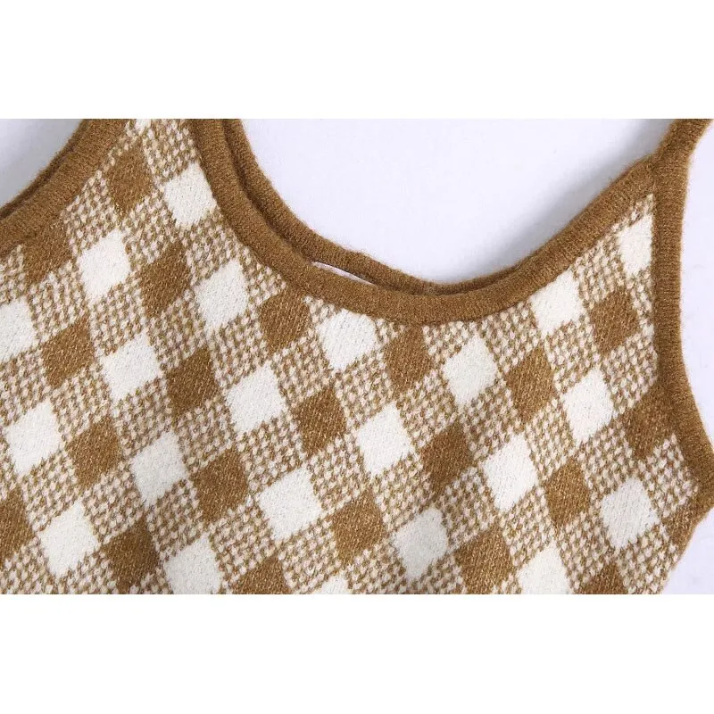 Vintage Stylish Brown Argyle Patterns Camis Tops Women Sexy Fashion Straps Tops Female Chic Camisole