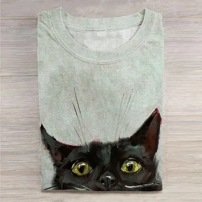 Comstylish Cute Black Cat Print Pattern T-shirt