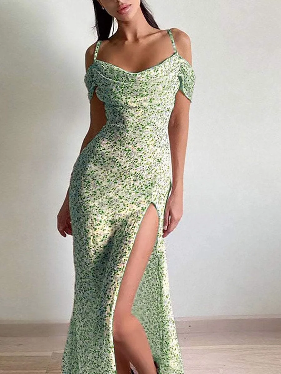 High slit floral suspender dress