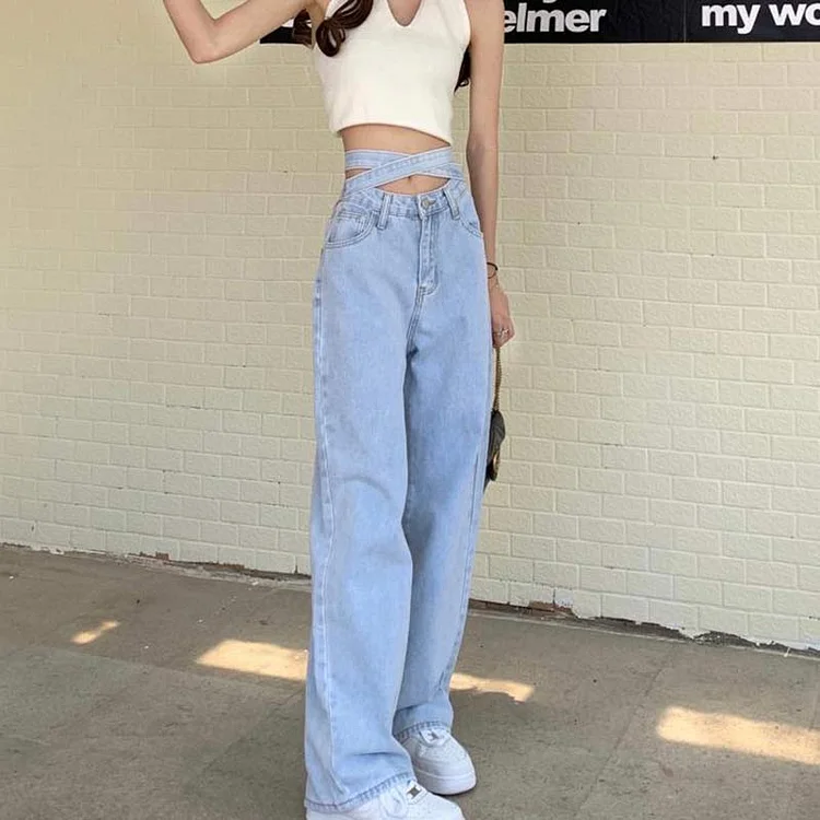 Lace Up High Waist Denim Pants - Modakawa modakawa