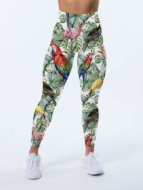 Green Exotic Coloful Bird In Tropical Forest Leggings