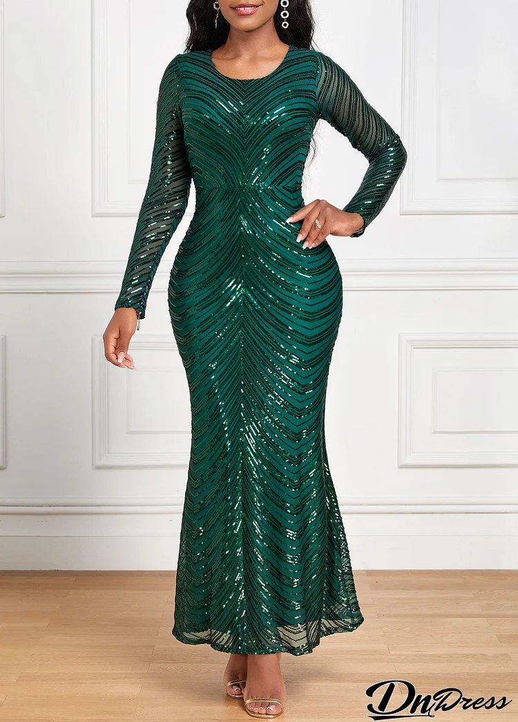 Blackish Green Sequin Long Sleeve Maxi Bodycon Dress