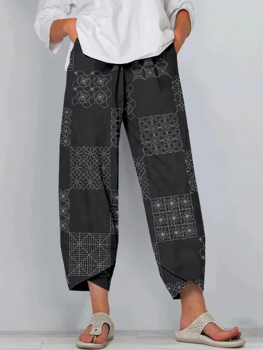 Comstylish Japanese Sashiko Checkered Pattern Cropped Casual Pants