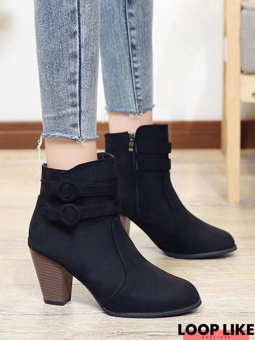 Double Buckle Decor Faux Suede Zip Heel Booties