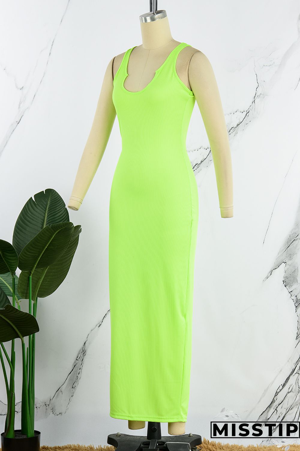 Fluorescent Green Sexy Solid Basic U Neck Vest Dress Dresses