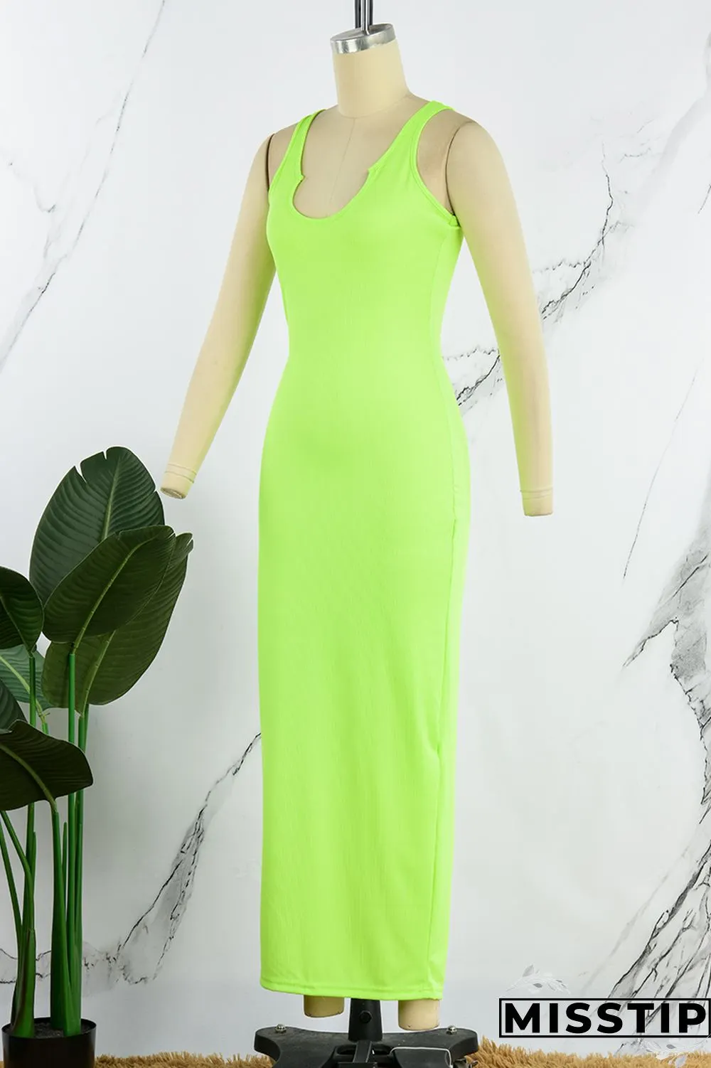 Fluorescent Green Sexy Solid Basic U Neck Vest Dress Dresses
