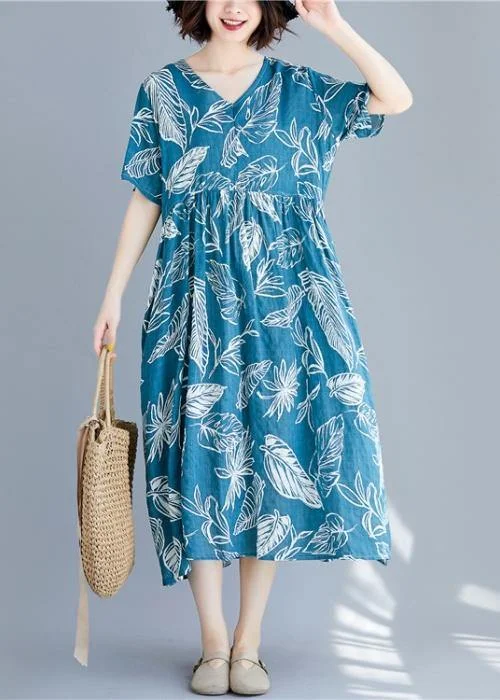 Beautiful blue print linen clothes For Women v neck Cinched cotton summer Dresses