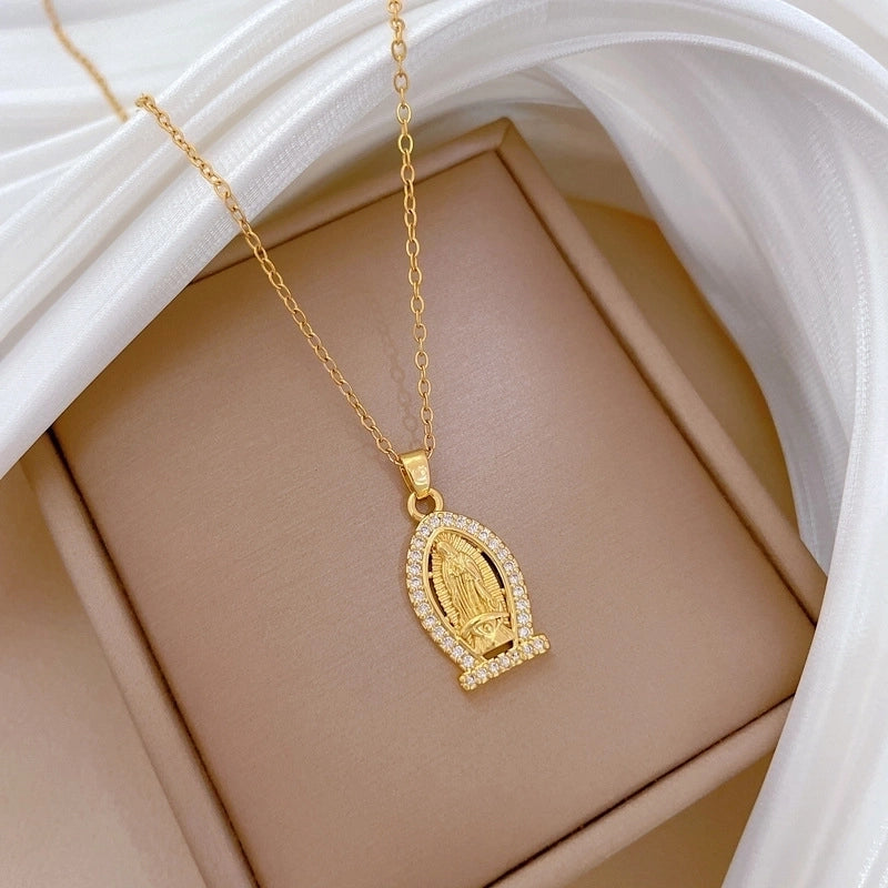 Classic Style Human Geometric Our Lady Of Guadalupe Titanium Steel Copper Zircon Gold Plated Inlay Pendant Necklace