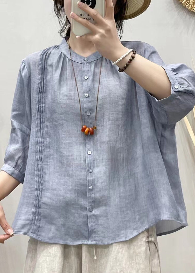 VCSHOES Blue Stand Collar Button Patchwork Linen Shirt Tops Half Sleeve