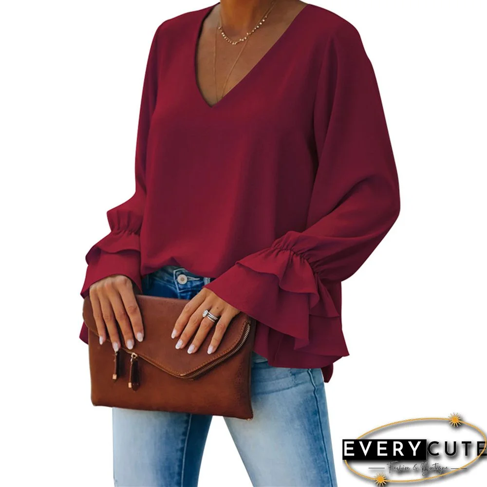 Wine Red V Neck Loose Style Flared Long Sleeve Tops