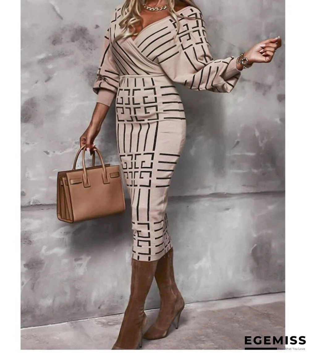 Fashion Printed Long Sleeve V-neck Waist Pack Hip Dress | EGEMISS