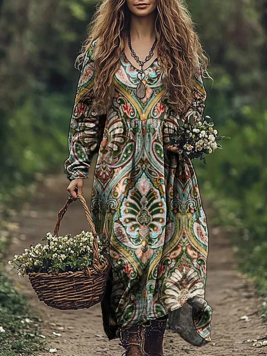Women's Vintage Ethnic Pattern Art Print Pocket Cotton V Neck Long Sleeve Dress