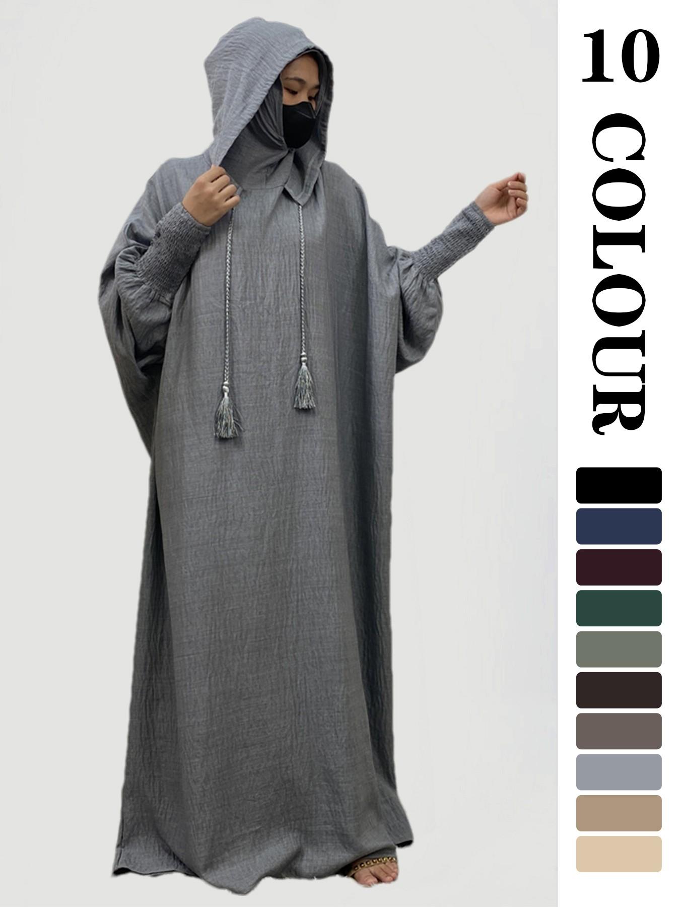 Women's Solid Hooded Dress, Casual Long Sleeve Dress for Fall & Winter, Women's Islamic Clothing for Daily Wear, Modesty Muslim Clothing