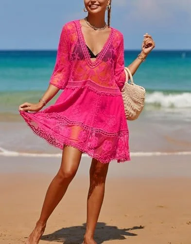 B2prity Women's Contrast Lace Bathing Suit Cover Up V-Neck Swimsuit Coverups Loose Swimwear Beach Dress Beachwear
