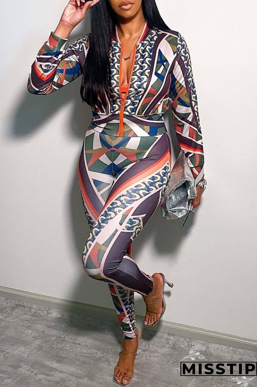 Black Casual Print Patchwork Zipper Collar Long Sleeve Two Pieces