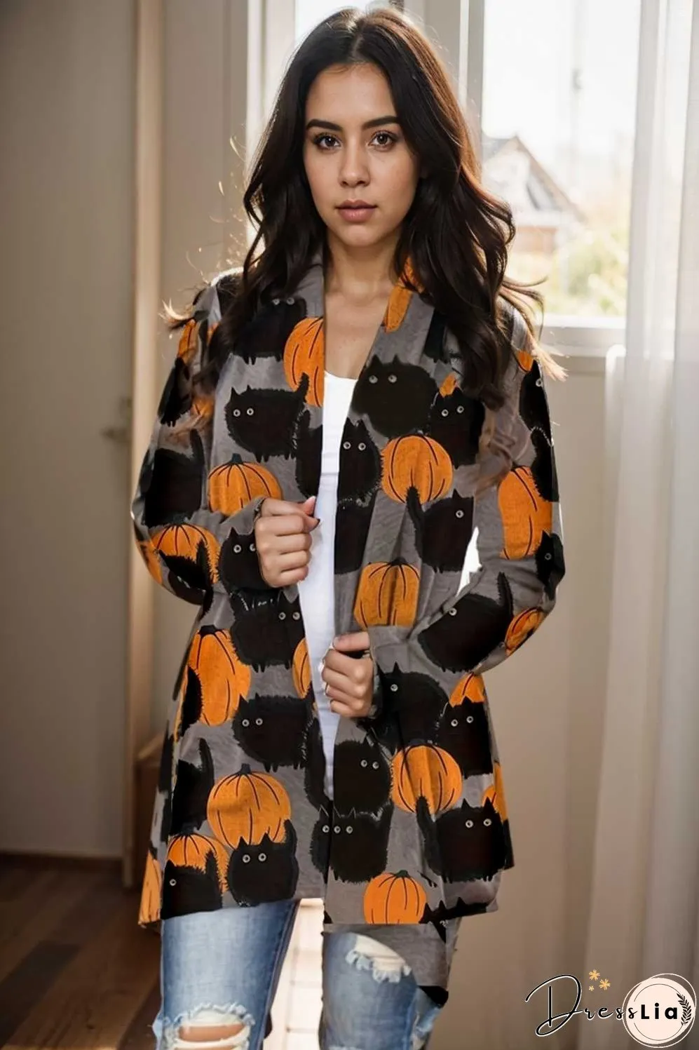 plus size halloween coat women s pus allover cat pumpkin print long sleeve open front medium stretch cardigan overcoat