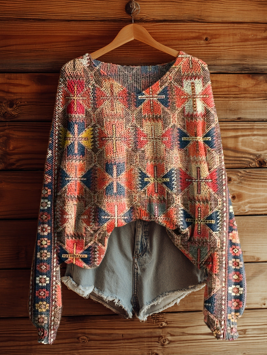Women's National Totem Print Casual V Neck Pullover Sweater