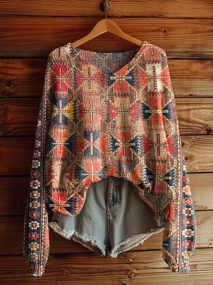 Women's National Totem Print Casual V Neck Pullover Sweater