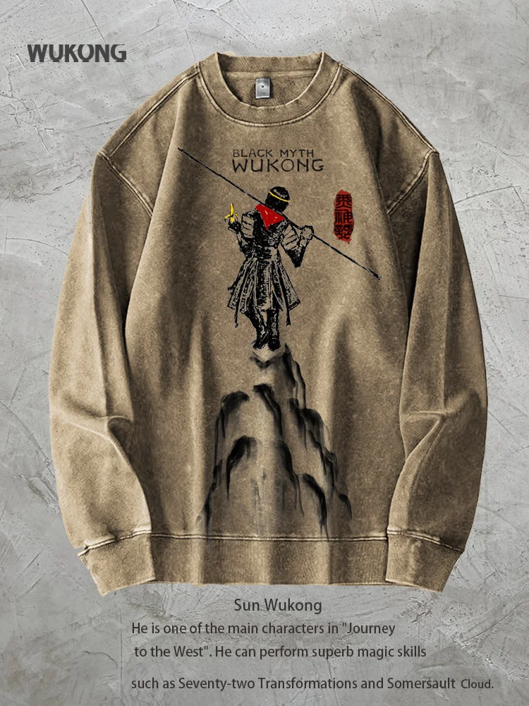 Unisex Vintage Washed Journey Wukong - A Chinese Odyssey Printed Pullover Sweatshirt