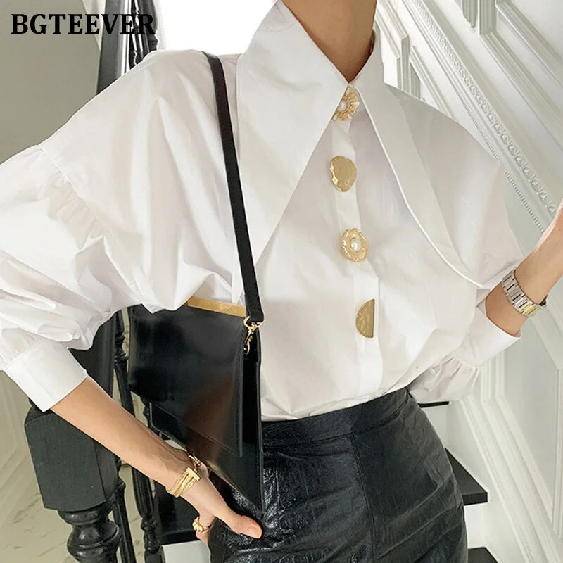 BGTEEVER Stylish Chic Lantern Sleeve Women White Shirts Blouses Spring Buttons Loose Female Shirts Tops Elegant Ladies Blusas