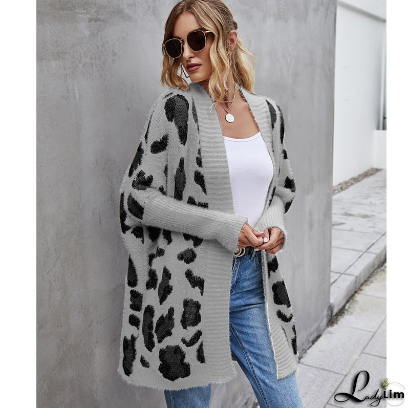 Trendy Leopard Print Bohemian Slim Dolman Sleeve Oversized Sweater Cardigan