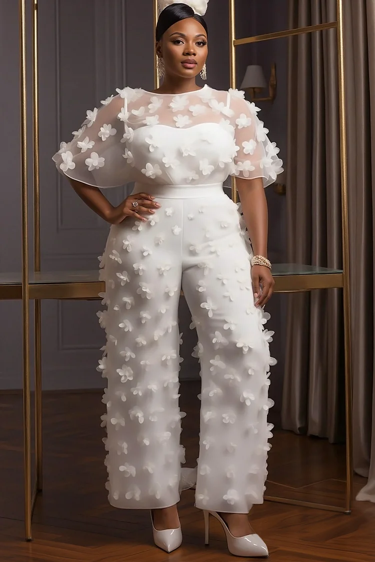 Xpluswear Design Plus Size Wedding White Round Neck Short Sleeve 3D Elegant See Through Tulle Jumpsuits [Pre-Order] 2024 - Xpluswear