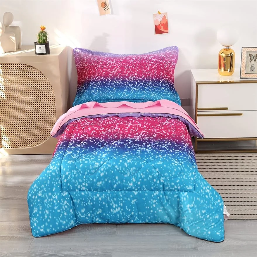 Toddler Bedding Sets for Girls, Premium 4 Piece Gradient Glitter Stars Toddler Bed Set Pink Blue, Super Soft and Comfortable for Toddler