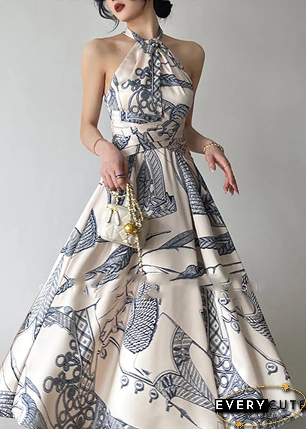 Fine O-Neck Print Chiffon Halter Maxi Dress Sleeveless