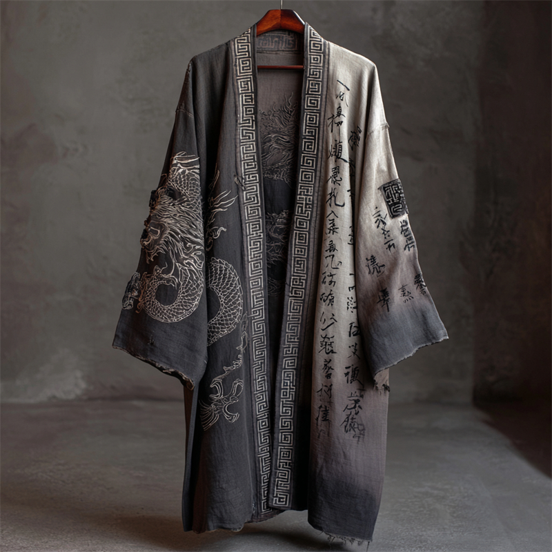 Men's Japanese Dragons Calligraphy Contrast Gradient Linen Long Kimono elevenforest