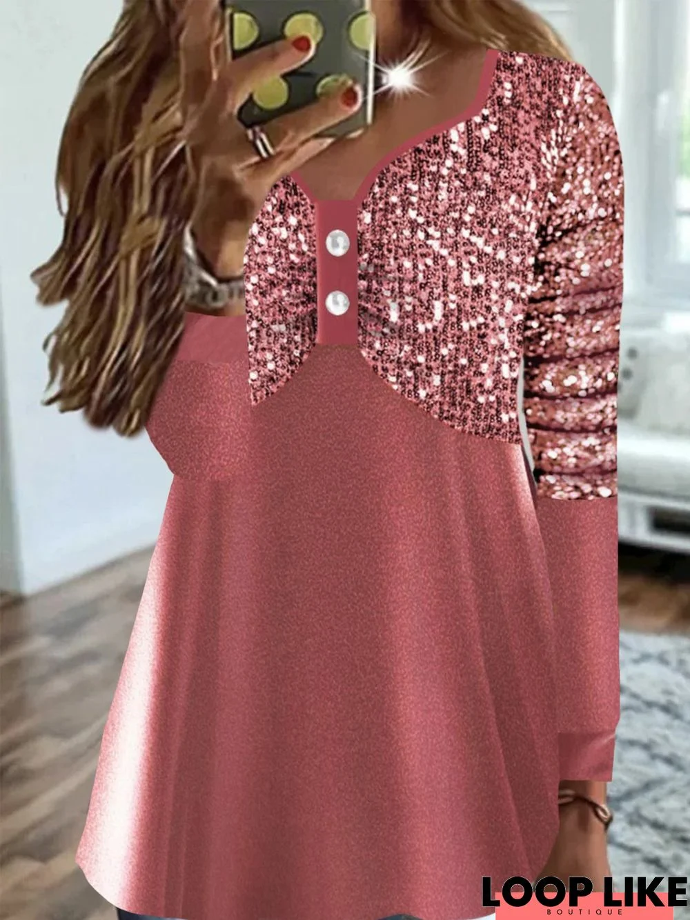 Glitter Buckle Plain Long Sleeve V Neck Party Top