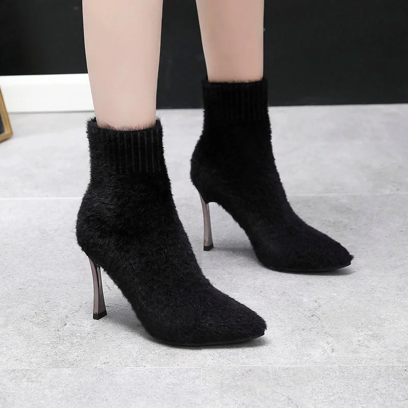 Boots Mid calf Woman Fall Winter Socks Boots Women's fur High heels Short Boot Female Thin heel Booties Pointed toes BEIGE BLACK