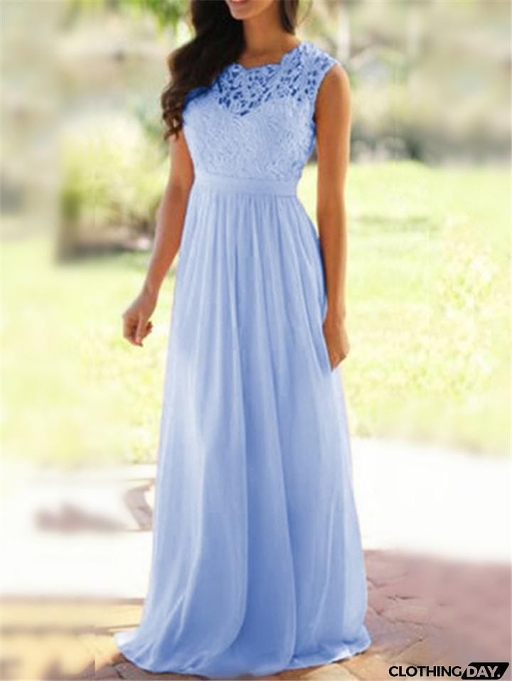 Flattering Fitted Waist Floral Lace Bodice Chiffon Dress for Prom