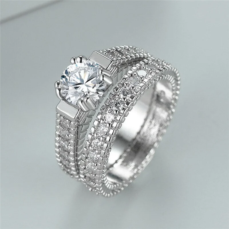 Luxury Female White Stone Set Ring Classic Silver Color Engagement Ring Crystal Wedding Rings For Women