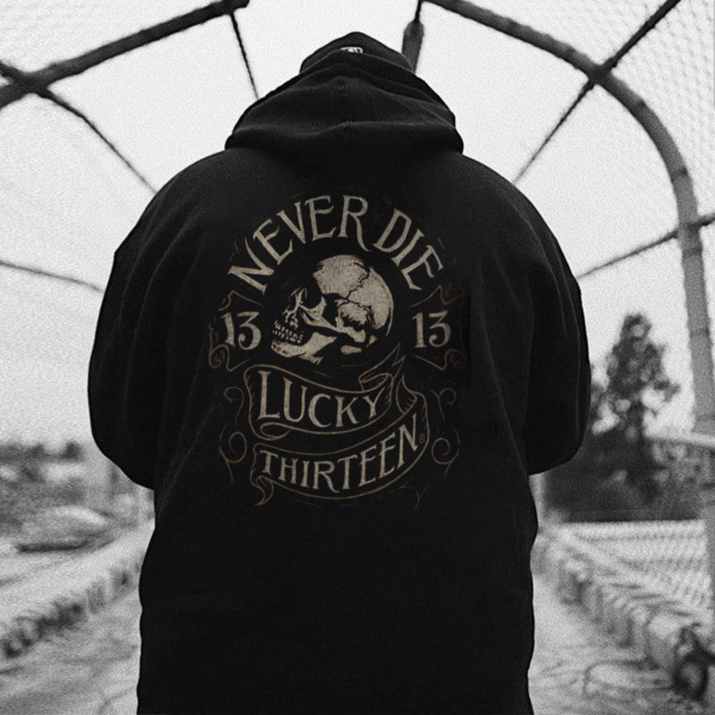NEVER DIE LUCKY THIRTEEN Skull Graphic Black Print Hoodie
