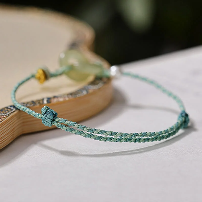 Natural Hetian Jade Double Peace Buckle Luck Braided Bracelet