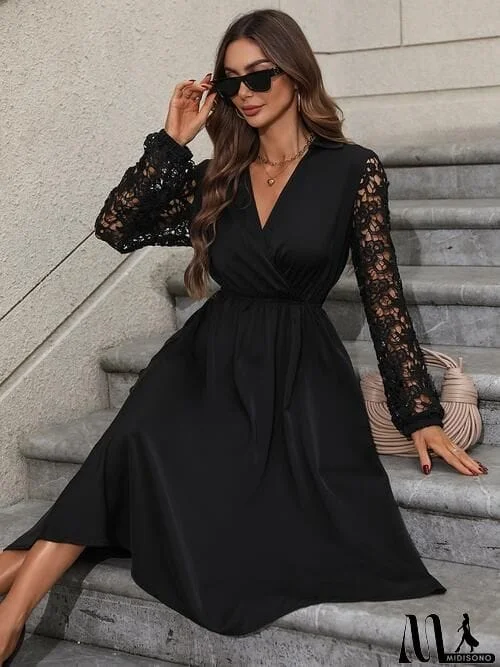 MidiSono - Crochet Long Sleeve Surplice Dress