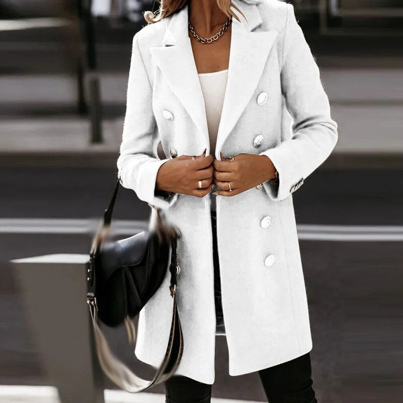 2023 Office Commuter Loose Outerwear Fashion Turn-down Collar Double Breasted Coats Women Casual Long Sleeve Solid Woolen Jacket