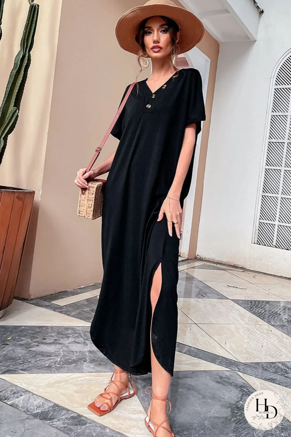 Decorative Button V-Neck Slit Maxi Dress
